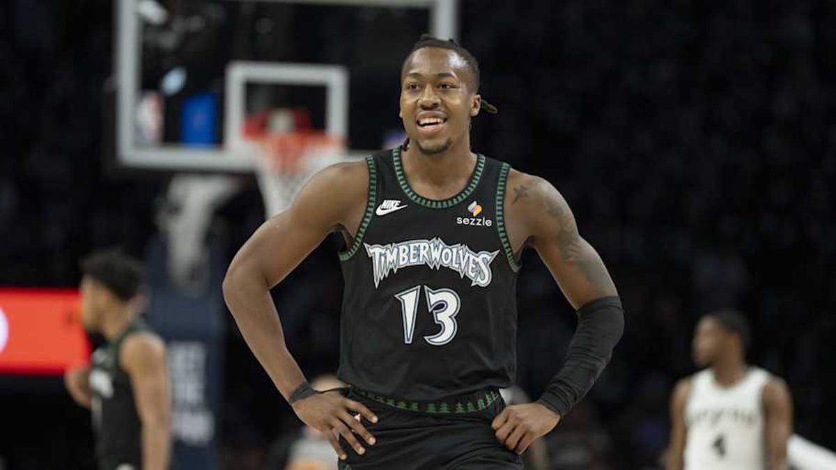  May 8, 2026; Minneapolis, Minnesota, USA; Minnesota Timberwolves guard Ayo Dosunmu (13) against the San Antonio Spurs in the first half during game three of the second round of the 2026 NBA Playoffs at Target Center. | Jesse Johnson-Imagn Images 