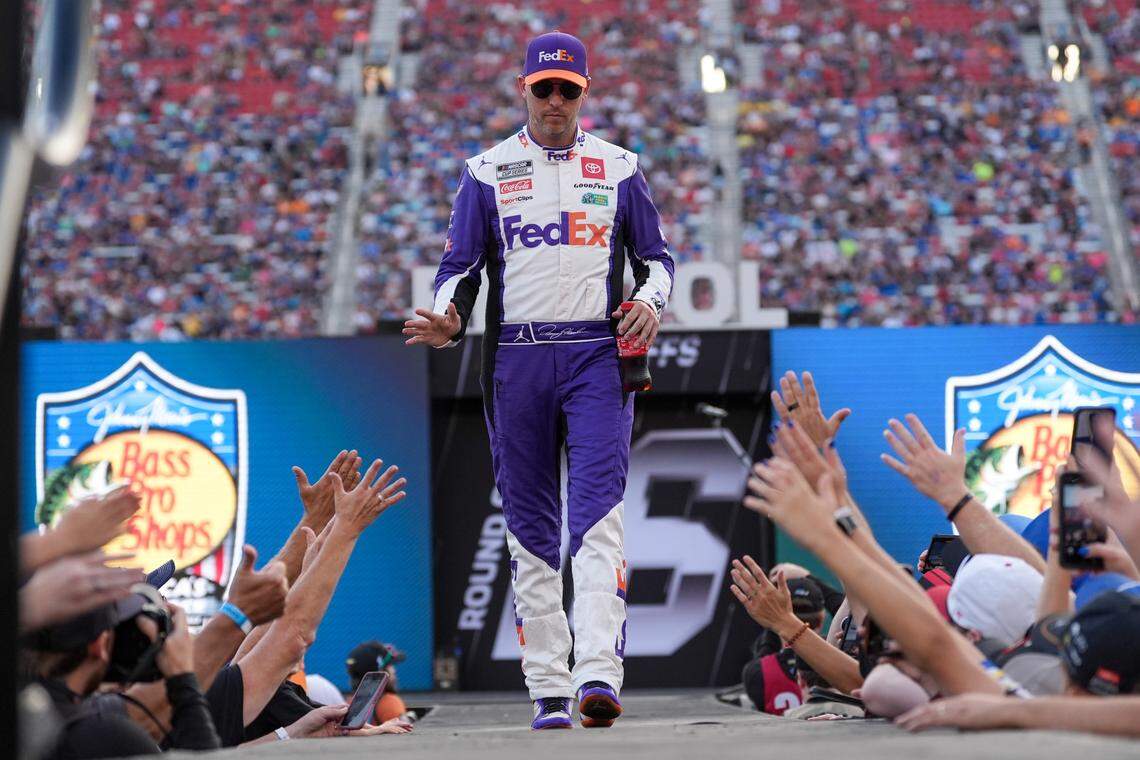 Sep 21, 2024; Bristol, Tennessee, USA; NASCAR Cup Series driver Denny Hamlin during introductions for the Bass Pro Shops Night Race at Bristol Motor Speedway on Saturday in Bristol, Tennessee.