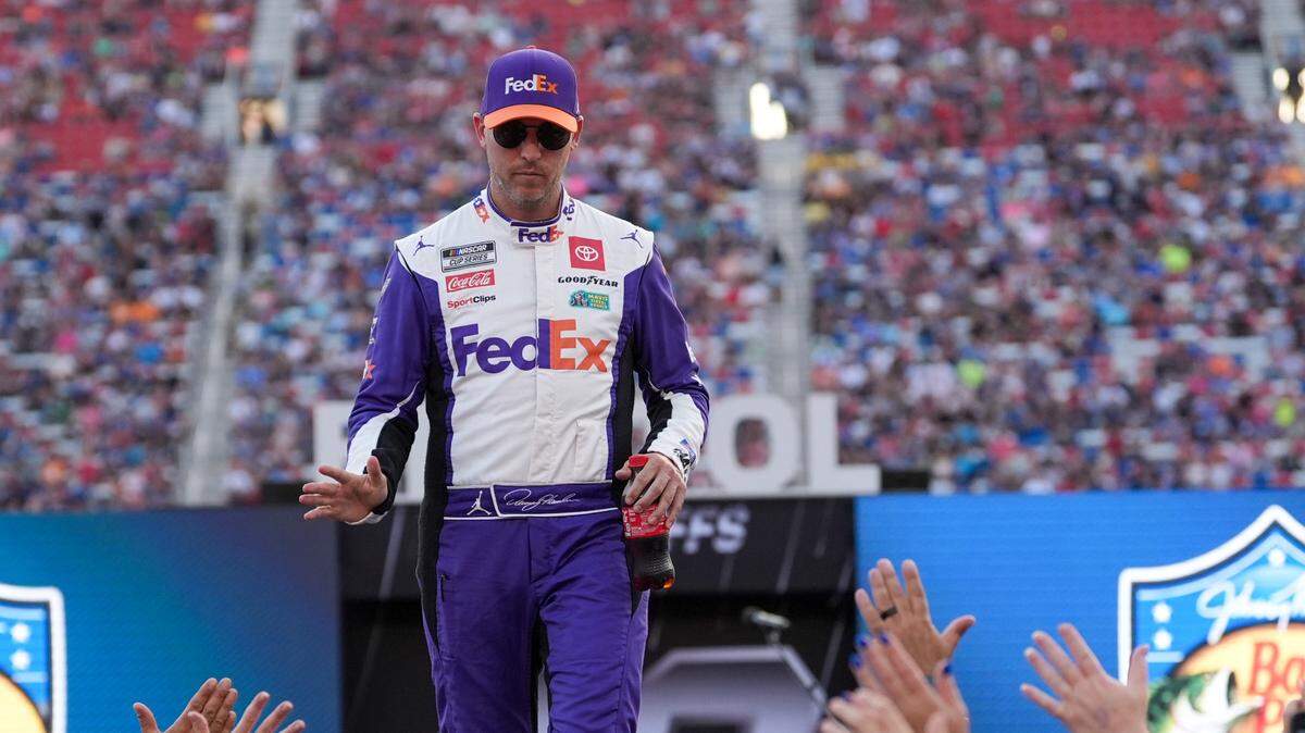 Sep 21, 2024; Bristol, Tennessee, USA; NASCAR Cup Series driver Denny Hamlin during introductions for the Bass Pro Shops Night Race at Bristol Motor Speedway on Saturday in Bristol, Tennessee.