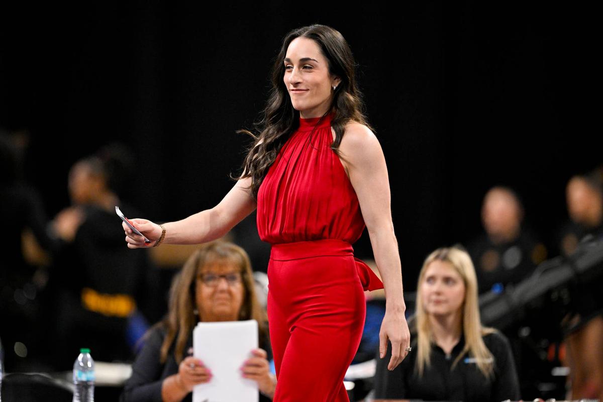  Apr 16, 2026; Fort Worth, TX, USA; Arkansas head coach Jordyn Wieber looks on during semifinals for the 2026 NCAA Women's Gymnastics National Championships at Dickies Arena. Mandatory Credit: Jerome Miron-Imagn Images 
