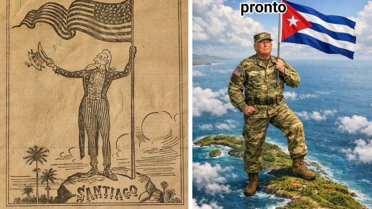 Cuba's American liberators, depicted on the left in a political cartoon from 1898 and on the right in an AI image. 