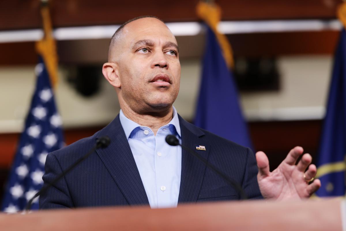  House Democratic leader Hakeem Jeffries speaks during a press conference on April 20, 2026, in Washington, D.C. 