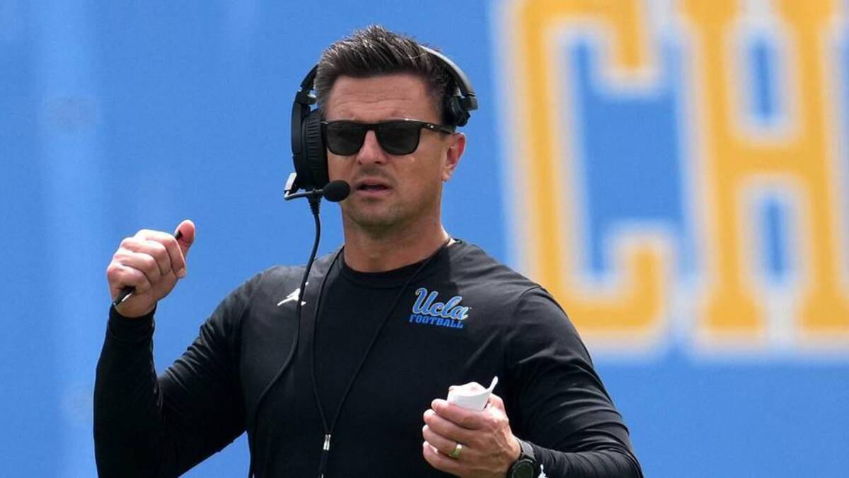  May 2, 2026; Pasadena, CA, USA; UCLA Bruins coach Bob Chesney reacts during the spring game at Rose Bowl. Mandatory Credit: Kirby Lee-Imagn Images | Kirby Lee-Imagn Images 