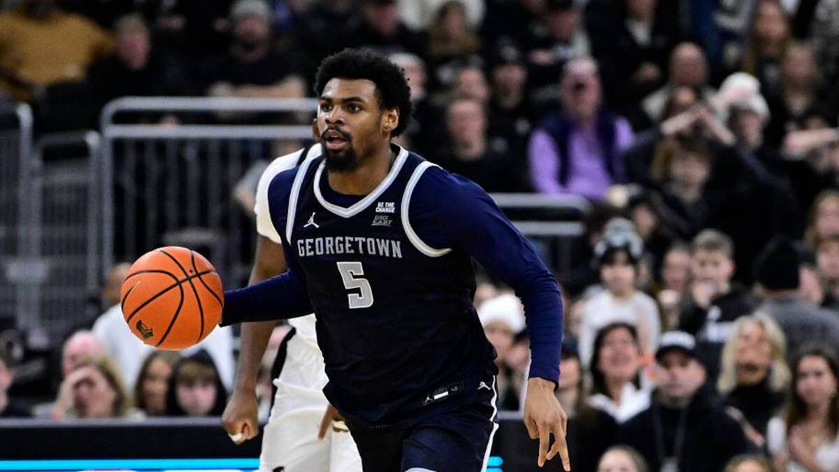  Jan 24, 2026; Providence, Rhode Island, USA; Georgetown Hoyas guard KJ Lewis (5) dribbles the ball during the second half against the Providence Friars at Amica Mutual Pavilion. Mandatory Credit: Eric Canha-Imagn Images | Eric Canha-Imagn Images 