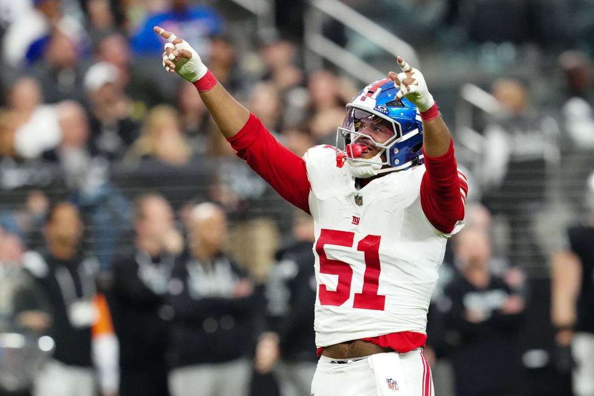  Dec 28, 2025; Paradise, Nevada, USA; New York Giants outside linebacker Abdul Carter (51) reacts in the second quarter against the Las Vegas Raiders at Allegiant Stadium. Mandatory Credit: Stephen R. Sylvanie-Imagn Images 