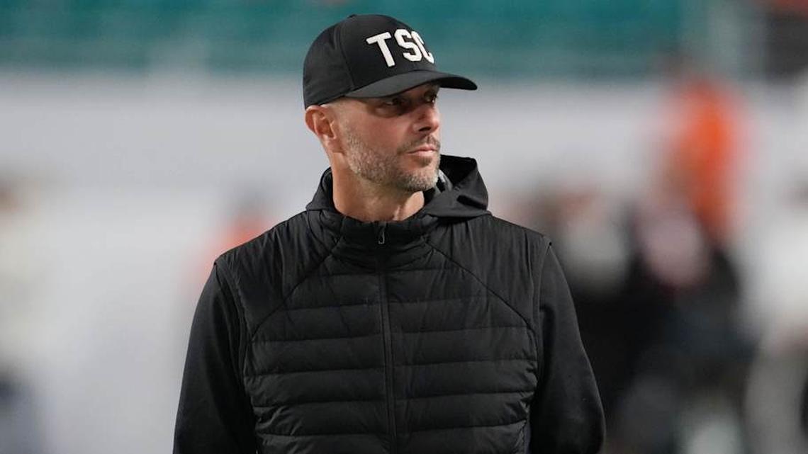  Jan 19, 2026; Miami Gardens, FL, USA; Las Vegas Raiders general manager John Spytek walks on the sideline before the CFP National Championship college football game between the Indiana Hoosiers and the Miami Hurricanes at Hard Rock Stadium. Mandatory Credit: Kirby Lee-Imagn Images | Kirby Lee-Imagn Images 