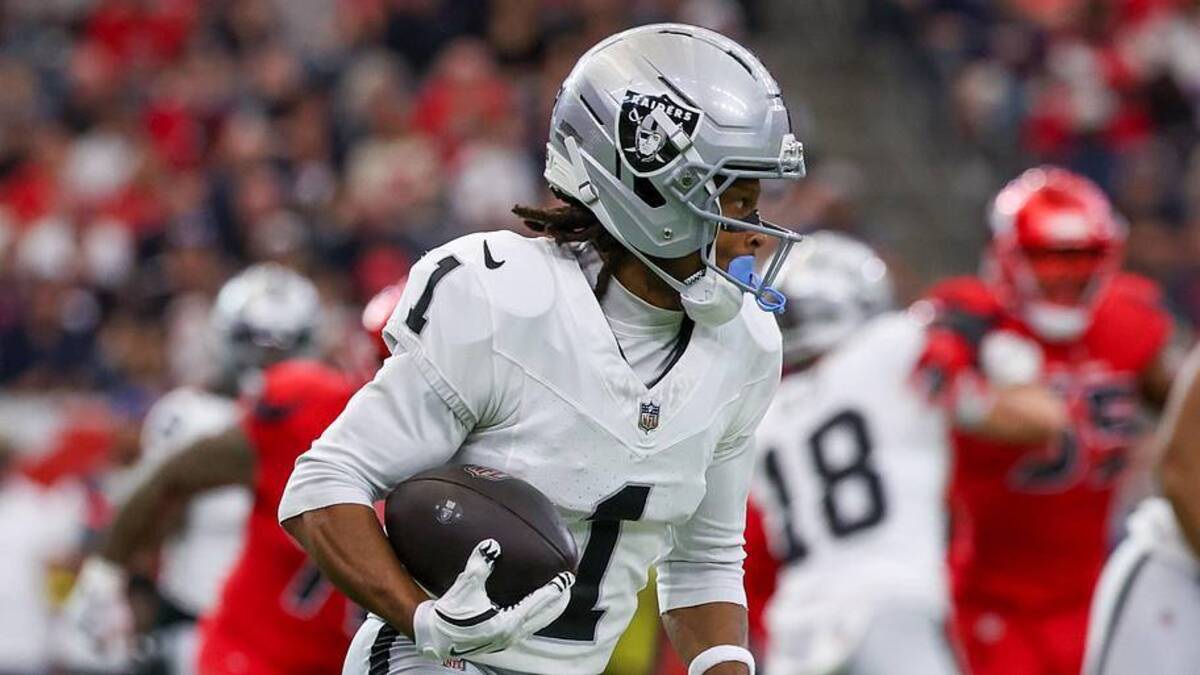  Dec 21, 2025; Houston, Texas, USA; Las Vegas Raiders wide receiver Tre Tucker (1) rushes against the Houston Texans in the first quarter at NRG Stadium. Mandatory Credit: Thomas Shea-Imagn Images | Thomas Shea-Imagn Images 