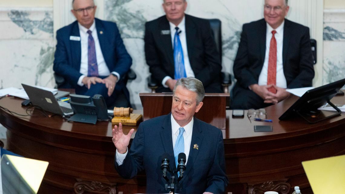 Idaho Gov. Brad Little delivers his 2023 State of the State address in January at the Idaho State Capitol in Boise. Nowhere in his address did he mention banning interstate travel for an abortion, criminalizing gender-affirming care or subjecting libraries to lawsuits over Captain Underpants.