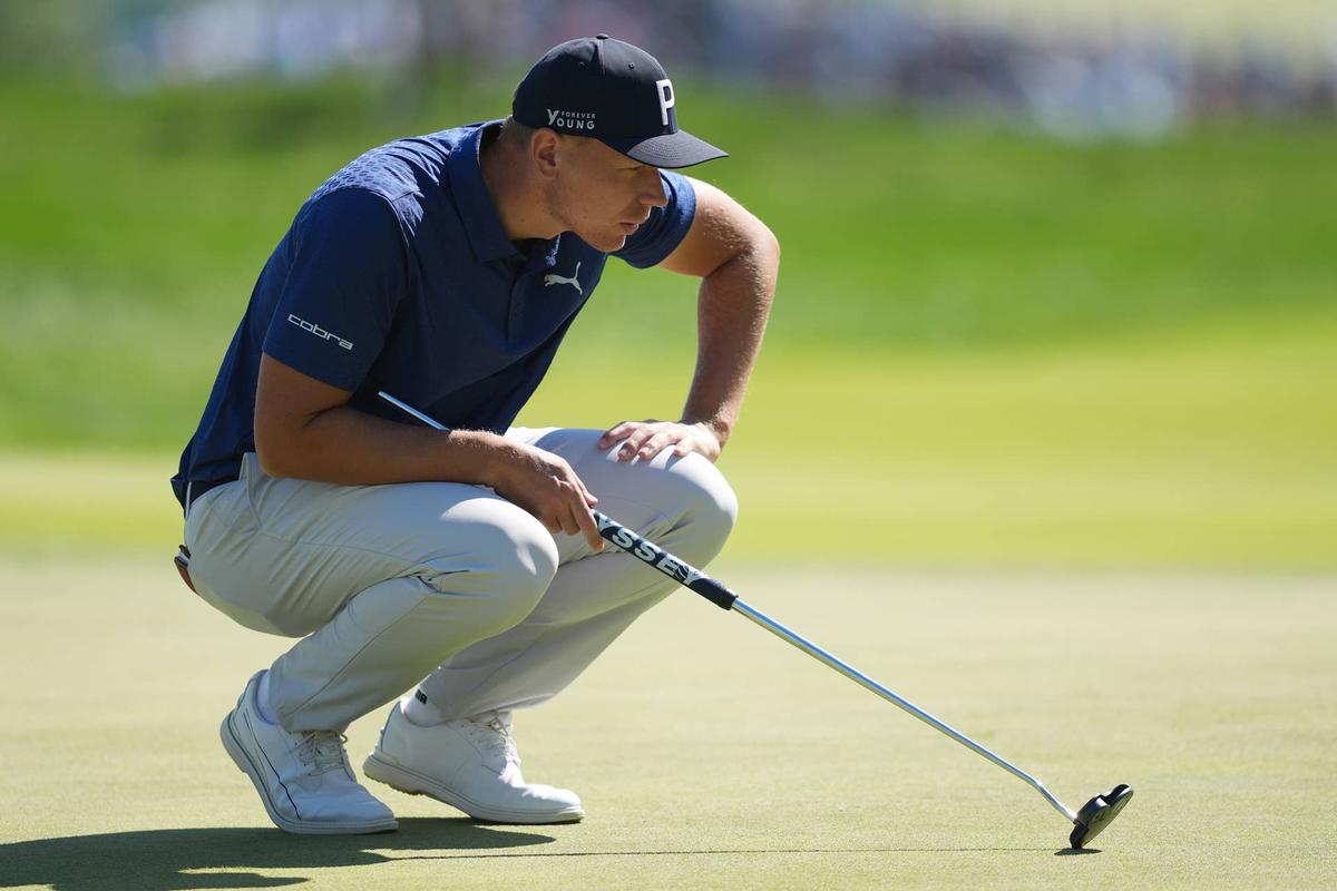  May 16, 2026; Newtown Square, Pennsylvania, USA; Matti Schmid prepares to putt on the 18th green during the third round of the PGA Championship golf tournament. Mandatory Credit: James Lang-Imagn Images 