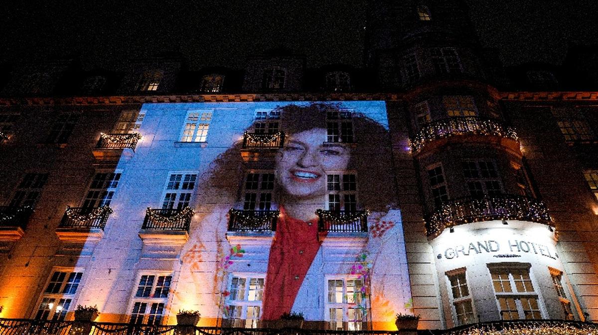 FILE PHOTO: A picture of Nobel Peace Prize winner Narges Mohammadi on the wall of the Grand Hotel in central Oslo before the Nobel banquet, in connection with the awarding of the Nobel Peace Prize 2023, in Oslo, Norway December 10, 2023. NTB/Javad Parsa via REUTERS /File Photo