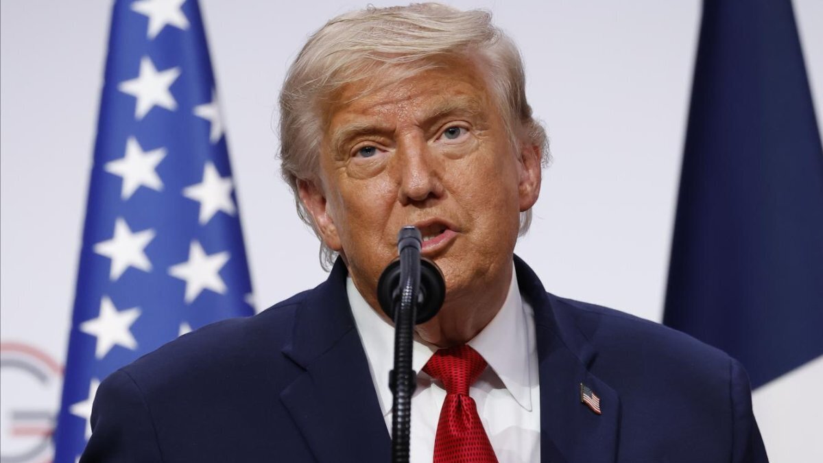 President Donald Trump attends a press conference at the Hotel Royal during the G7 summit in Evian-les-Bains, France, on Wednesday. Photo by Yoan Valat/EPA
