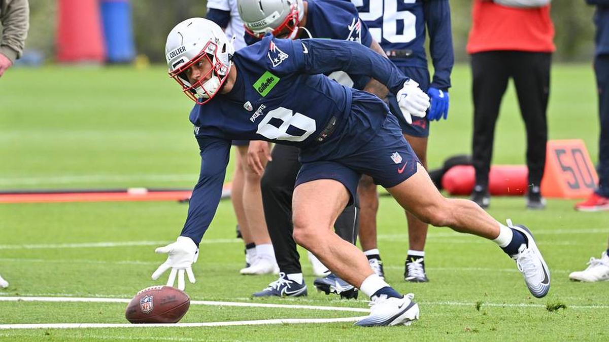  May 9, 2026; Foxborough, MA, USA; New England Patriots cornerback Logan Collier (8) does a drill during the New England Patriots rookie camp at Gillette Stadium. Mandatory Credit: Eric Canha-Imagn Images | Eric Canha-Imagn Images 