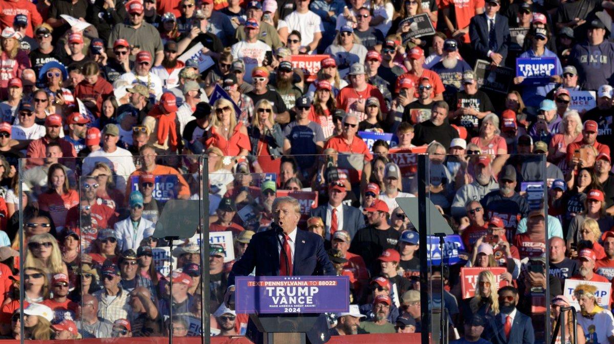 Donald Trump speaks Oct. 5, 2024, at at the Butler Farm Show grounds, the site of an assassination attempt three months earlier. Two men injured in that incident are suing the federal government for negligence. Photo by Archie Carpenter/UPI.