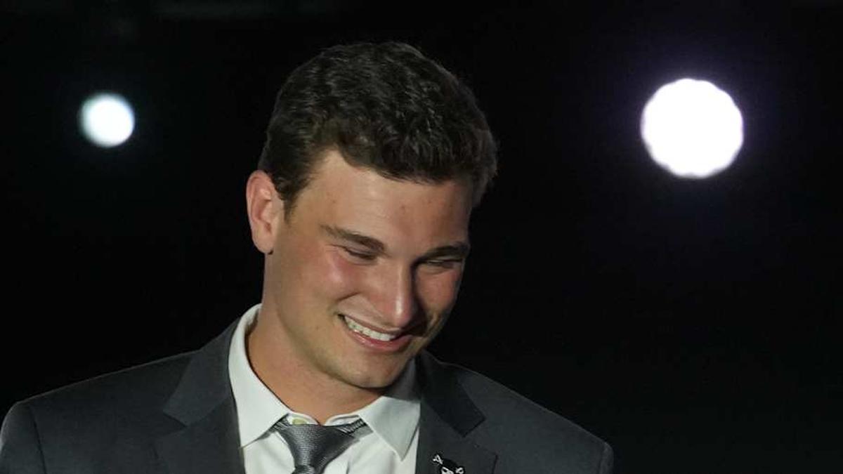  Apr 24, 2026; Henderson, NV, USA; Las Vegas Raiders quarterback Fernando Mendoza (left) is interviewed by John Tournour aka JT the Brick at the Festival of Football at the Intermountain Health Performance Center. Mandatory Credit: Kirby Lee-Imagn Images | Kirby Lee-Imagn Images 