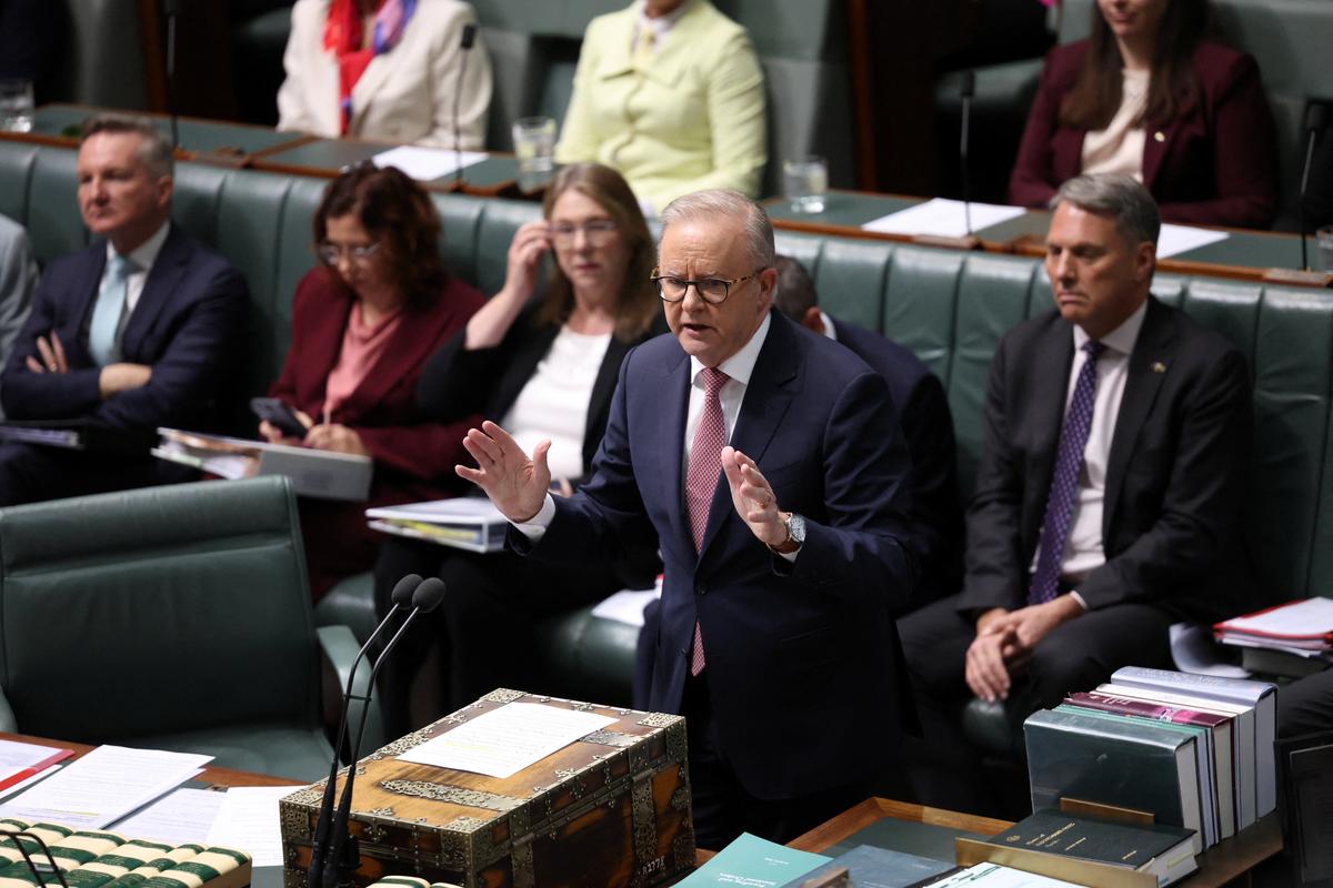 Australian Prime Minister Anthony Albanese speaks during Question Time in the House of Representatives at Parliament House in Canberra, Australia, June 3, 2026. REUTERS/Hollie Adams