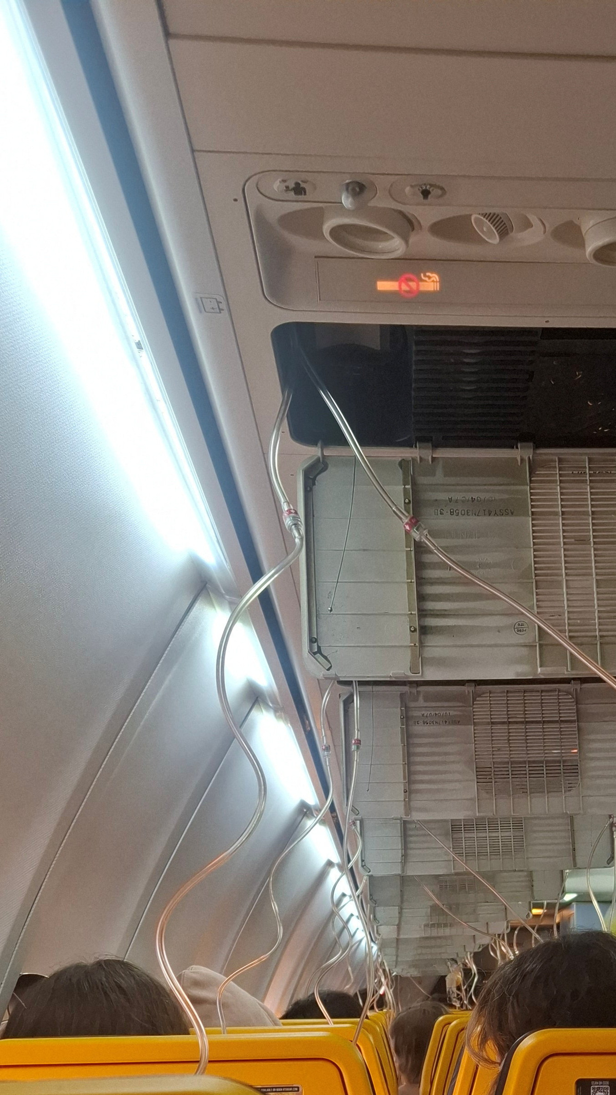 The interior of the Ryanair aircraft, following a reported emergency landing, in location given as Thessaloniki, Greece, July 10, 2026, in this picture obtained from social media. Despoina Papapavlou/via REUTERS