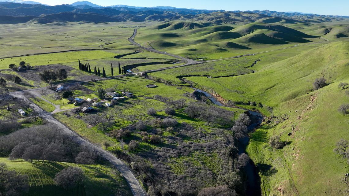 An aerial view of rural land near unincorporated Sites, California, left, on March 14, 2024. Congress has awarded $205 million to the Sites Reservoir, proposed to be constructed in rural Colusa County. The 1.5 million-acre-foot reservoir would be California's eighth largest at 13 miles long. (Jane Tyska/Bay Area News Group/TNS)