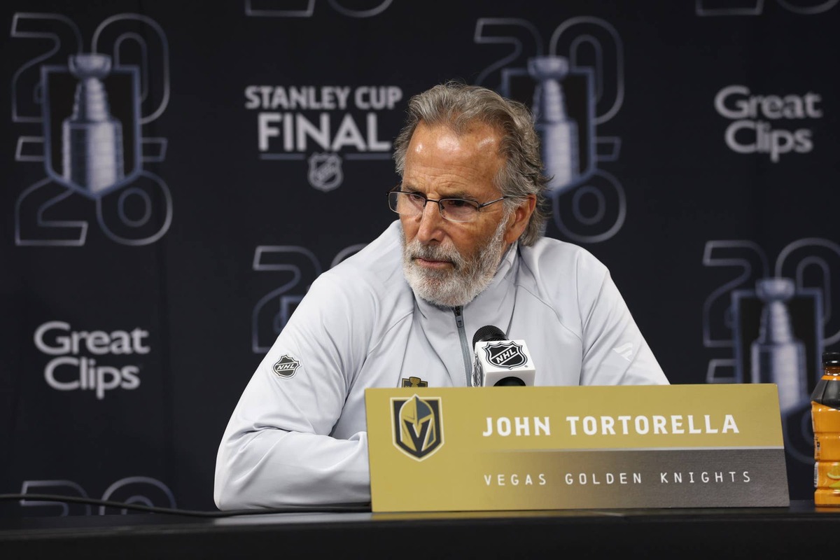  Jun 4, 2026; Raleigh, North Carolina, USA; Vegas Golden Knights John Tortorella during the post game press conference after the loss to the Carolina Hurricanes in game two of the 2026 Stanley Cup Final at Lenovo Center. Mandatory Credit: Nathan Ray Seebeck-Imagn Images