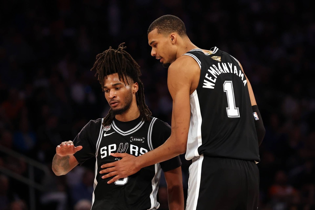  Jun 8, 2026; New York, New York, USA; San Antonio Spurs guard Stephon Castle (5) talks with forward Victor Wembanyama (1) against the New York Knicks during game three of the 2026 NBA Finals in the third quarter at Madison Square Garden. Mandatory Credit: Geoff Burke-Imagn Images 