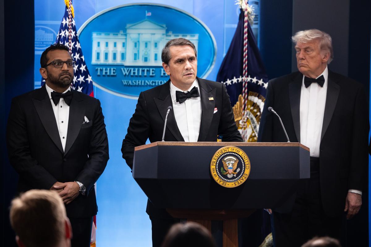  Acting Attorney General Todd Blanche, flanked by FBI Director Kash Patel and President Donald Trump, speaks during a briefing at the White House shortly after a shooting at the White House Correspondents’ Dinner at the Washington Hilton in Washington, D.C. on April 25, 2026. (AP Images) 