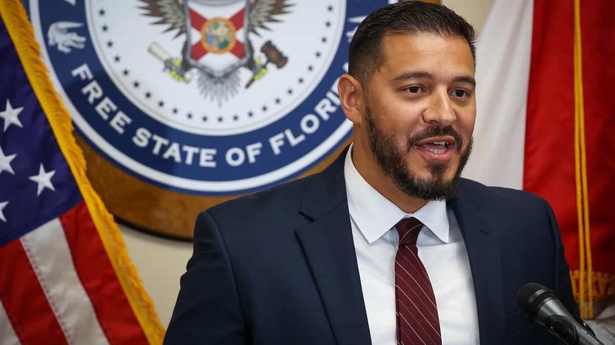 Florida Department of Education Commissioner Anastasios Kamoutsas speaks during a news conference in Orlando on July 15, 2025. (Rich Pope/Orlando Sentinel/TNS)