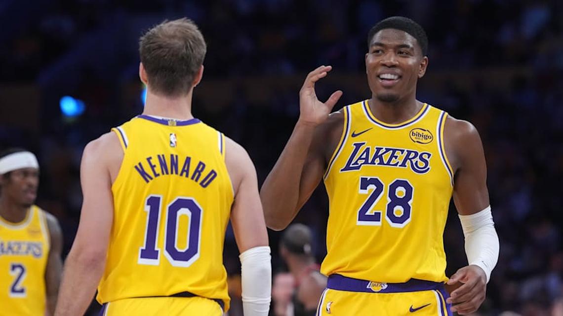  Apr 18, 2026; Los Angeles, California, USA; Los Angeles Lakers guard Luke Kennard (10) and forward Rui Hachimura (28) celebrate against the Houston Rockets in the second half during game one of the first round of the 2026 NBA Playoffs at Crypto.com Arena. Mandatory Credit: Kirby Lee-Imagn Images | Kirby Lee-Imagn Images 