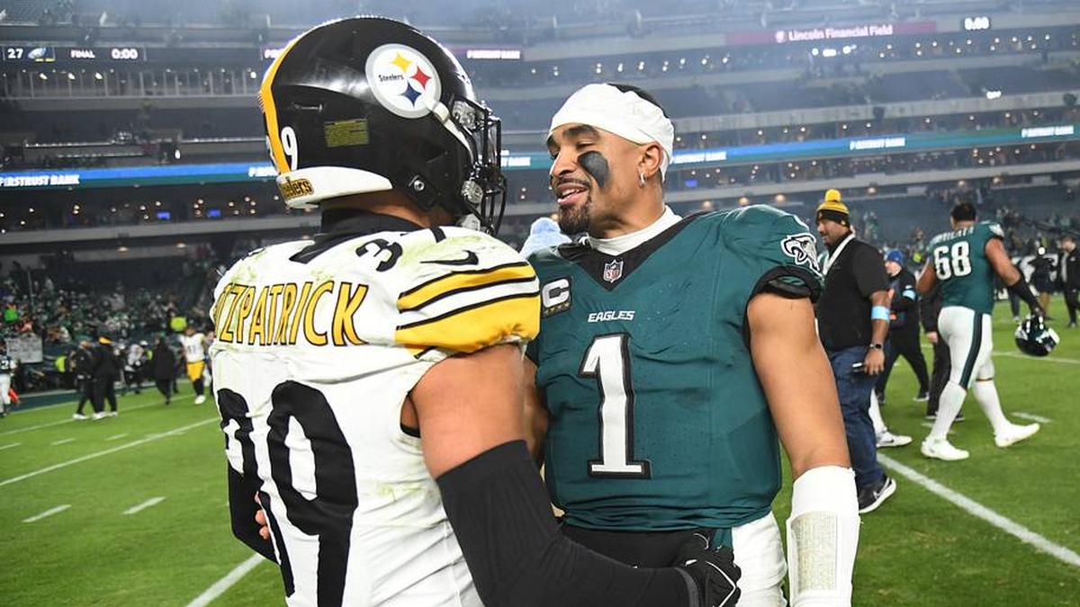  Dec 15, 2024; Philadelphia, Pennsylvania, USA; Philadelphia Eagles quarterback Jalen Hurts (1) and Pittsburgh Steelers safety Minkah Fitzpatrick (39) meet on the field after game at Lincoln Financial Field. Mandatory Credit: Eric Hartline-Imagn Images | Eric Hartline-Imagn Images 