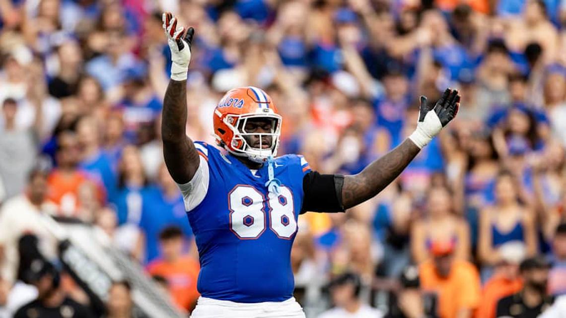  Florida Gators defensive lineman Caleb Banks (88) hypes the crowd during the first half against the Vanderbilt Commodores at Steve Spurrier Field at Ben Hill Griffin Stadium in Gainesville, FL on Saturday, October 7, 2023 | Matt Pendleton/Gainesville Sun / USA TODAY NETWORK 