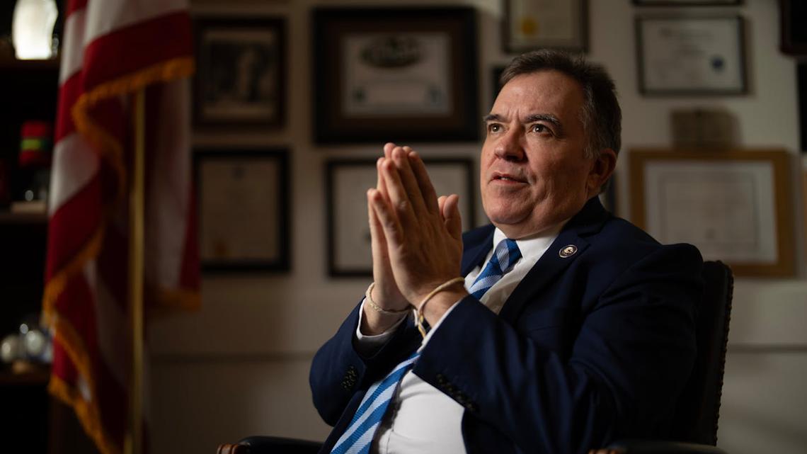 In his first interview since returning to public life, Sen. John Hoffman talks about his recovery from the assassination attempt he survived last year that claimed the life of House DFL Leader Melissa Hortman, in his office on Jan. 19, 2026, in the Minnesota Senate Building in St. Paul, Minnesota. (Jeff Wheeler/The Minnesota Star Tribune/TNS)