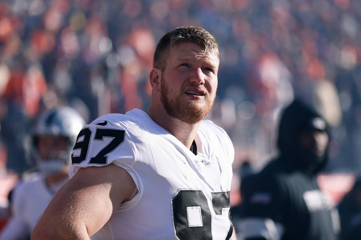  Dec 29, 2019; Denver, Colorado, USA; Oakland Raiders defensive end Josh Mauro (97) before the game against the Denver Broncos at Empower Field at Mile High. Mandatory Credit: Isaiah J. Downing-USA TODAY Sports 