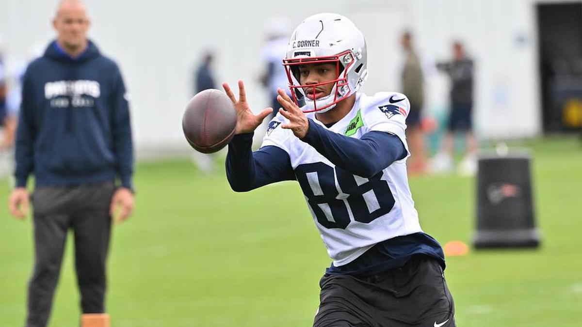  May 9, 2026; Foxborough, MA, USA; New England Patriots wide receiver Cameron Dorner (88) catches the ball during the New England Patriots rookie camp at Gillette Stadium. Mandatory Credit: Eric Canha-Imagn Images | Eric Canha-Imagn Images 