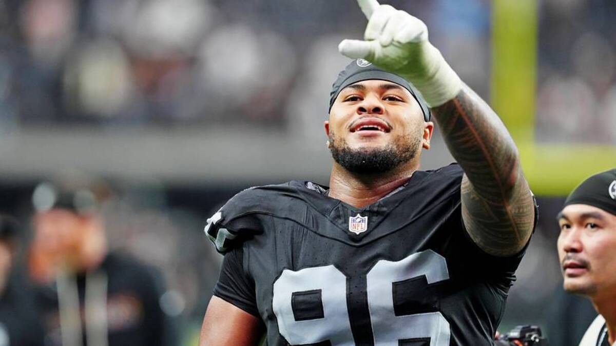 Oct 12, 2025; Paradise, Nevada, USA; Las Vegas Raiders defensive tackle Jonah Laulu (96) reacts after the game against the Tennessee Titans at Allegiant Stadium. Mandatory Credit: Stephen R. Sylvanie-Imagn Images | Stephen R. Sylvanie-Imagn Images 