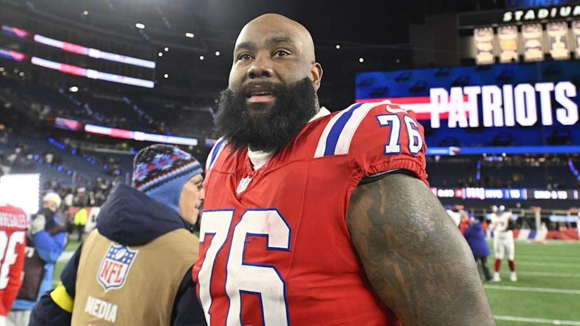  Dec 1, 2025; Foxborough, Massachusetts, USA; New England Patriots offensive tackle Morgan Moses (76) is seen after the game against the New York Giants at Gillette Stadium. Mandatory Credit: Eric Canha-Imagn Images | Eric Canha-Imagn Images 