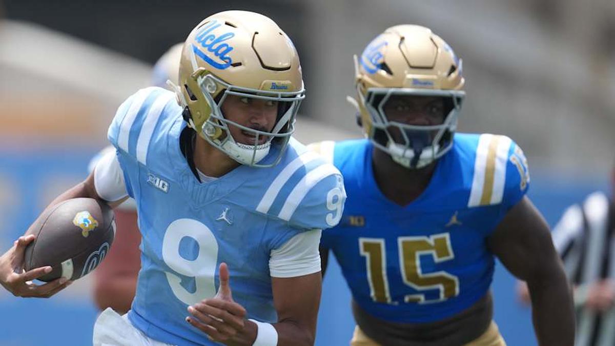  May 2, 2026; Pasadena, CA, USA; UCLA Bruins quarterback Nico Iamaleava (9) carries the ball during the spring game at Rose Bowl. Mandatory Credit: Kirby Lee-Imagn Images | Kirby Lee-Imagn Images 