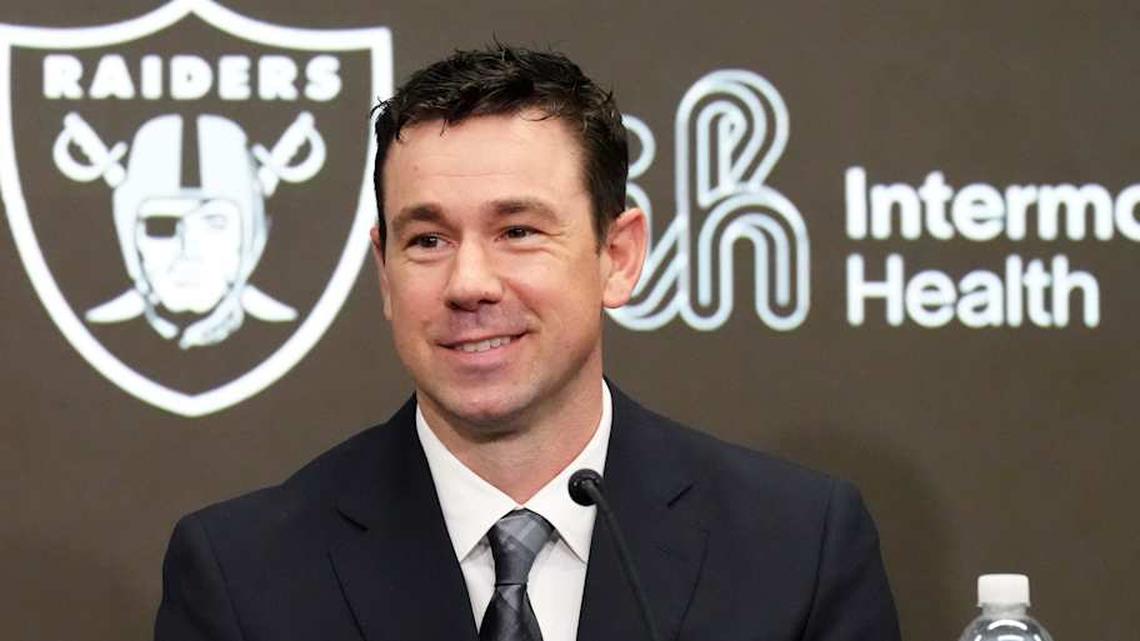  Feb 10, 2026; Henderson, NV, USA; Las Vegas Raiders coach Klint Kubiak speaks at introductory press conference at Intermountain Health Performance Center. Mandatory Credit: Kirby Lee-Imagn Images | Kirby Lee-Imagn Images 