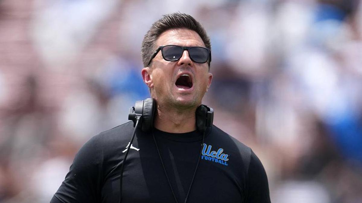 May 2, 2026; Pasadena, CA, USA; UCLA Bruins coach Bob Chesney reacts during the spring game at Rose Bowl. Mandatory Credit: Kirby Lee-Imagn Images | Kirby Lee-Imagn Images 