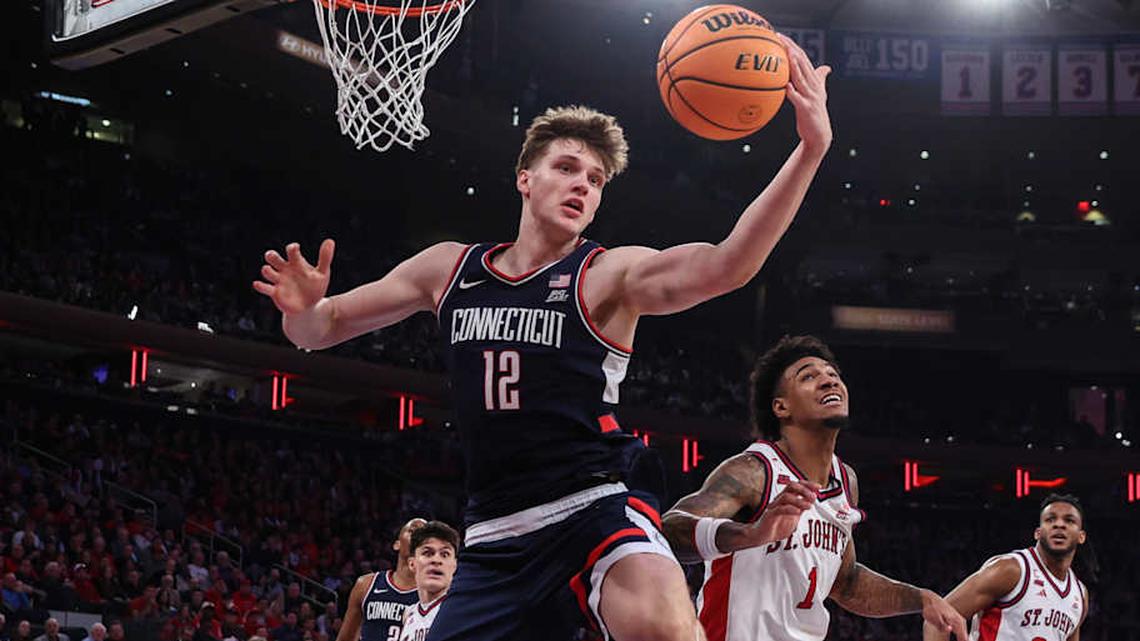  Feb 6, 2026; New York, New York, USA; UConn Huskies center Eric Reibe (12) at Madison Square Garden. Mandatory Credit: Wendell Cruz-Imagn Images | Wendell Cruz-Imagn Images 