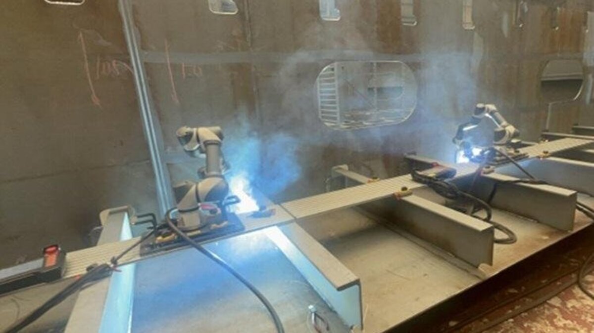 A tracked autonomous collaborative robot welds steel plate cells for a ship hull at HD Hyundai Heavy Industries in Ulsan, South Korea. Photo by Asia Today