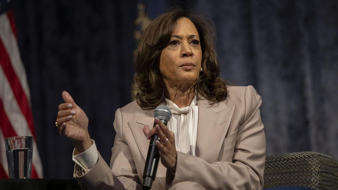 Former Vice President Kamala Harris speaks at the 38th Annual Michigan Democratic Women's Caucus Legacy Luncheon on Saturday, April 18, 2026, in Detroit. (Bill Pugliano/Getty Images/TNS)