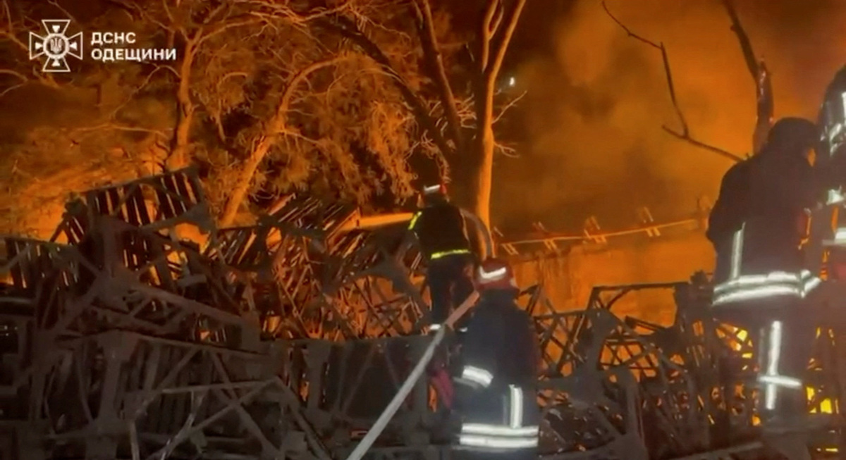 Firefighters work at the site of a Russian strike, amid Russia's attack on Ukraine, at a location given as Odesa Region, Ukraine, in this still image from video released June 22, 2026.    State Emergency Service of Ukraine in Odesa Region/Handout via REUTERS