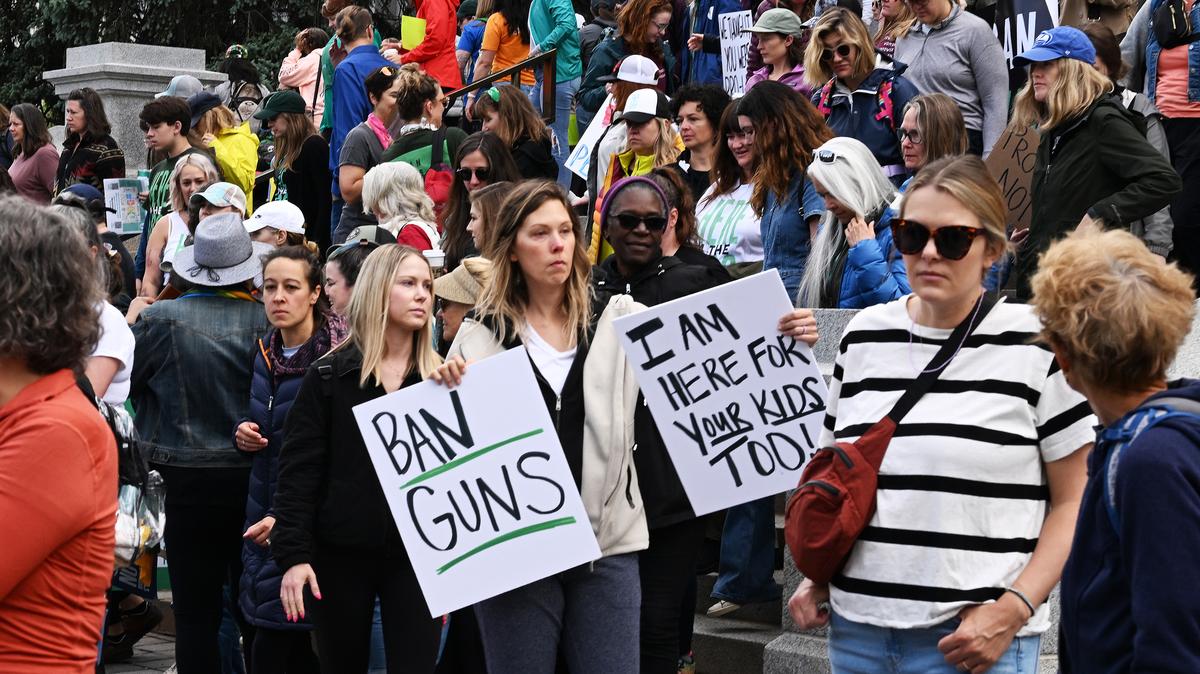 Here 4 the Kids, a group of mostly moms, stage a sit-in in 2023 asking for an executive order to ban guns in Colorado on June 5, 2023, in Denver. (RJ Sangosti/The Denver Post/TNS)