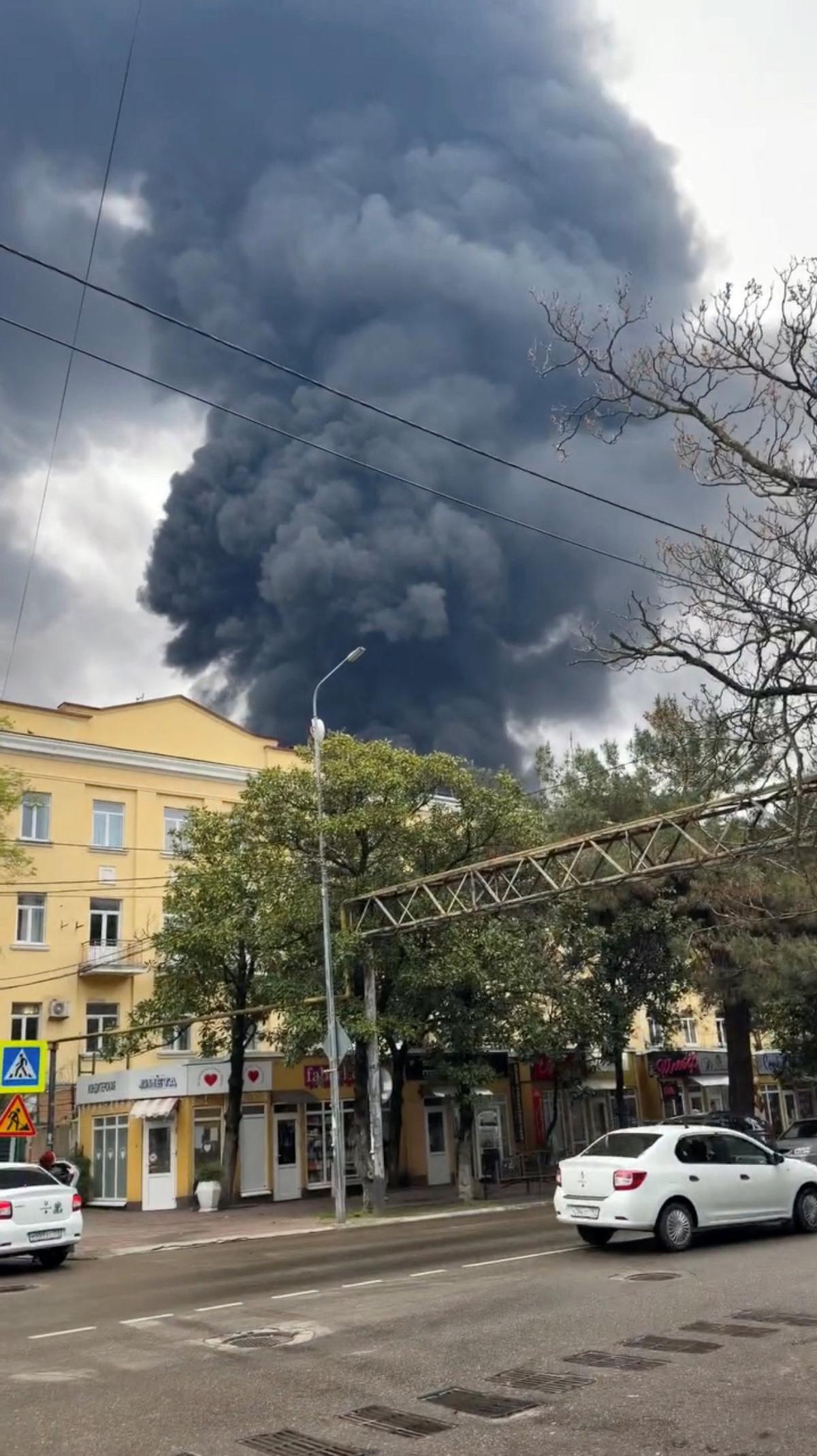Smoke rises following a Ukrainian drone attack, amid the Russia-Ukraine conflict, in Tupase, Krasnodar Region, Russia, in this screen grab obtained from social media video released on May 1, 2026. Social Media/via REUTERS