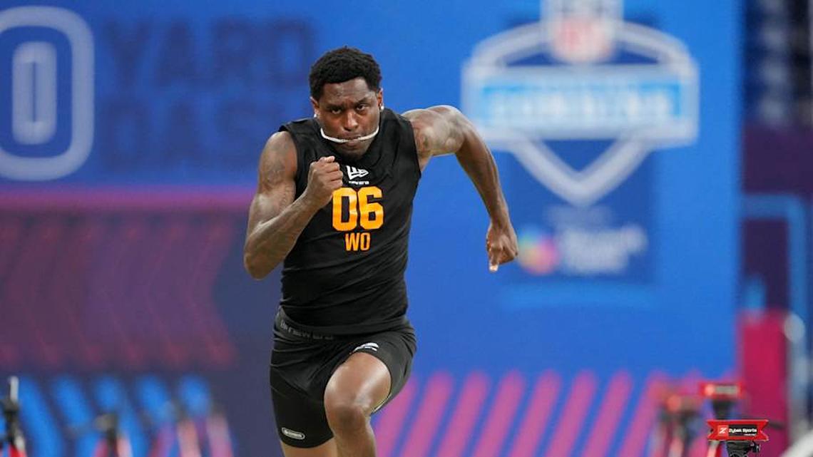  Feb 28, 2026; Indianapolis, IN, USA; Oregon wideout Malik Benson (W006) during the NFL Scouting Combine at Lucas Oil Stadium. Mandatory Credit: Kirby Lee-Imagn Images | Kirby Lee-Imagn Images 