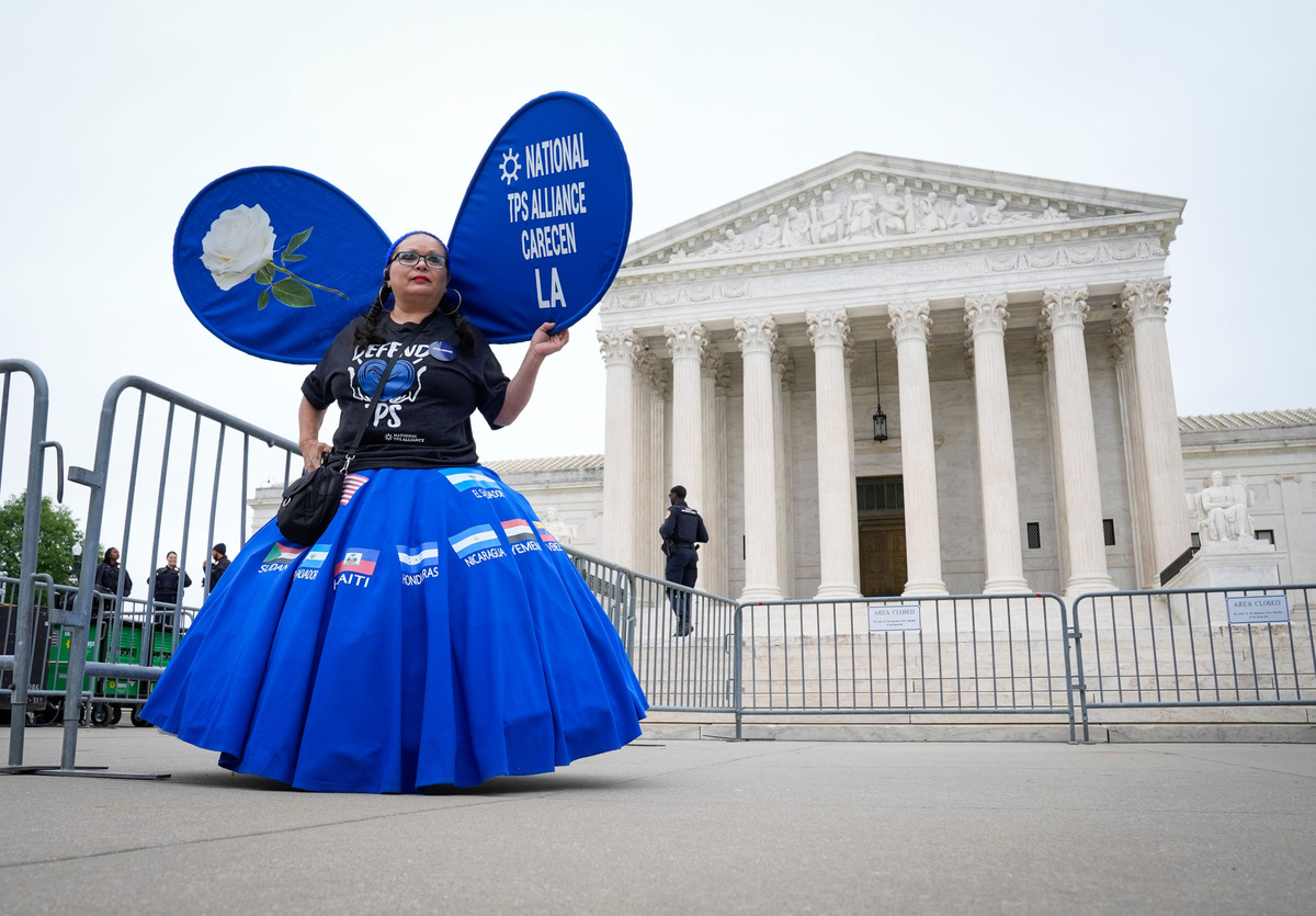 Protestors gather outside the Supreme Court during oral arguments for two cases regarding the Trump administration ending the Temporary Protected Status program for Syrians and Haitians, on April 29, 2026, in Washington, DC.