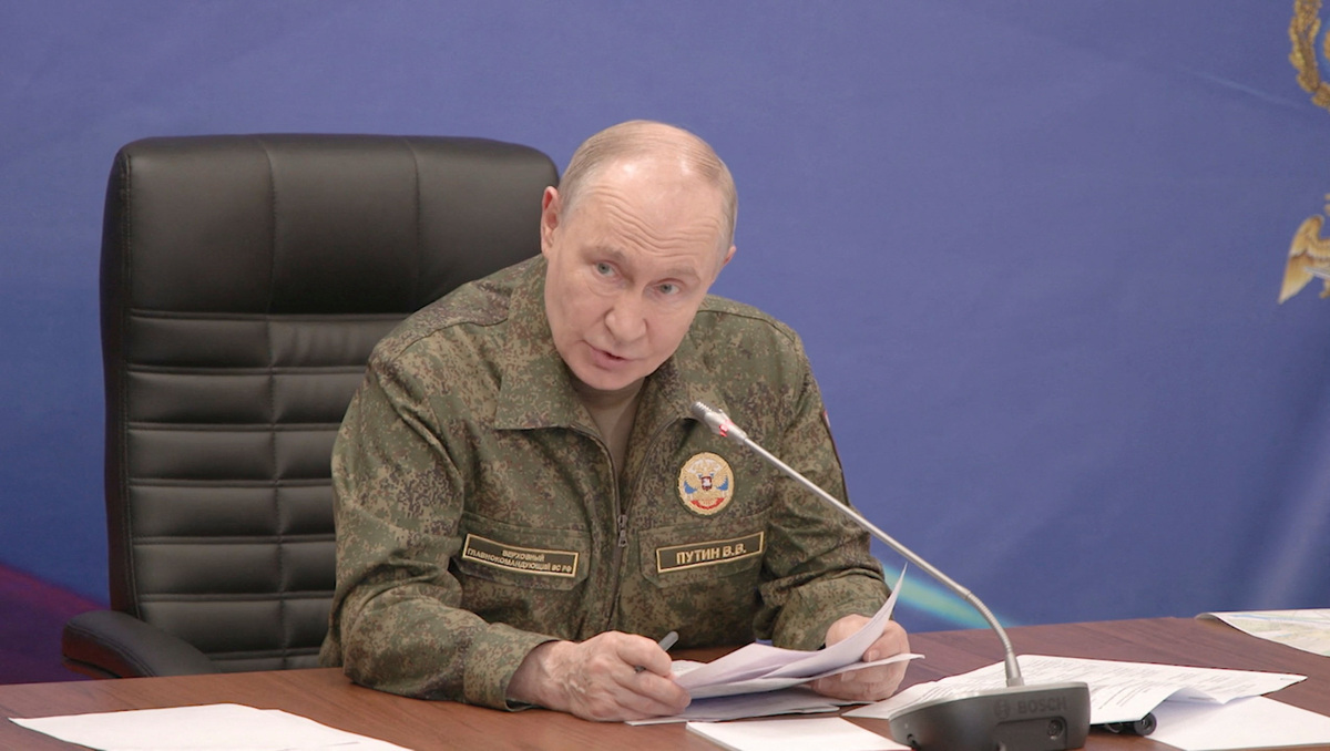 Russian President Vladimir Putin visits a command post of Russia's joint force grouping, in the course of the Russia-Ukraine conflict, at an unidentified location, in this still image taken from a video released July 3, 2026. Kremlin.ru/Handout via REUTERS