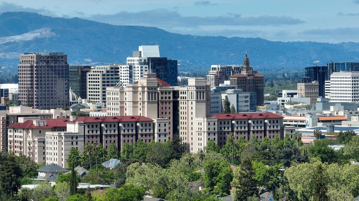 A drone view of downtown San Jose looking northwest in San Jose, Calif., on Wednesday, April 15, 2026. (Nhat V. Meyer/Bay Area News Group)