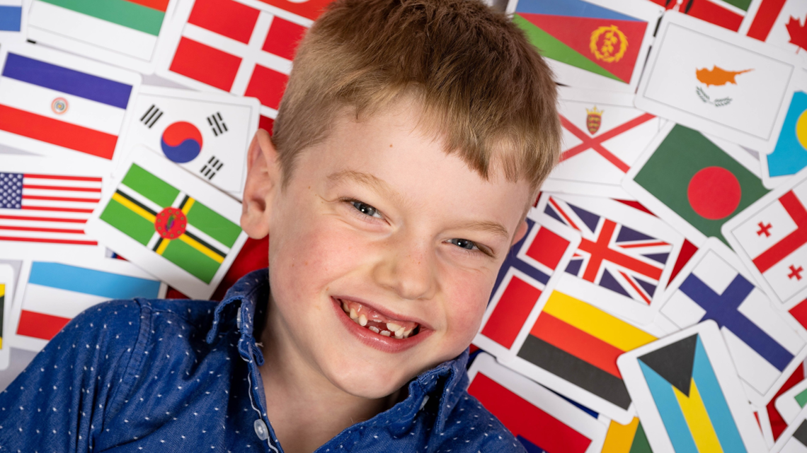 Kian Fosker can name 217 world flags. (James Linsell Clark via SWNS). 