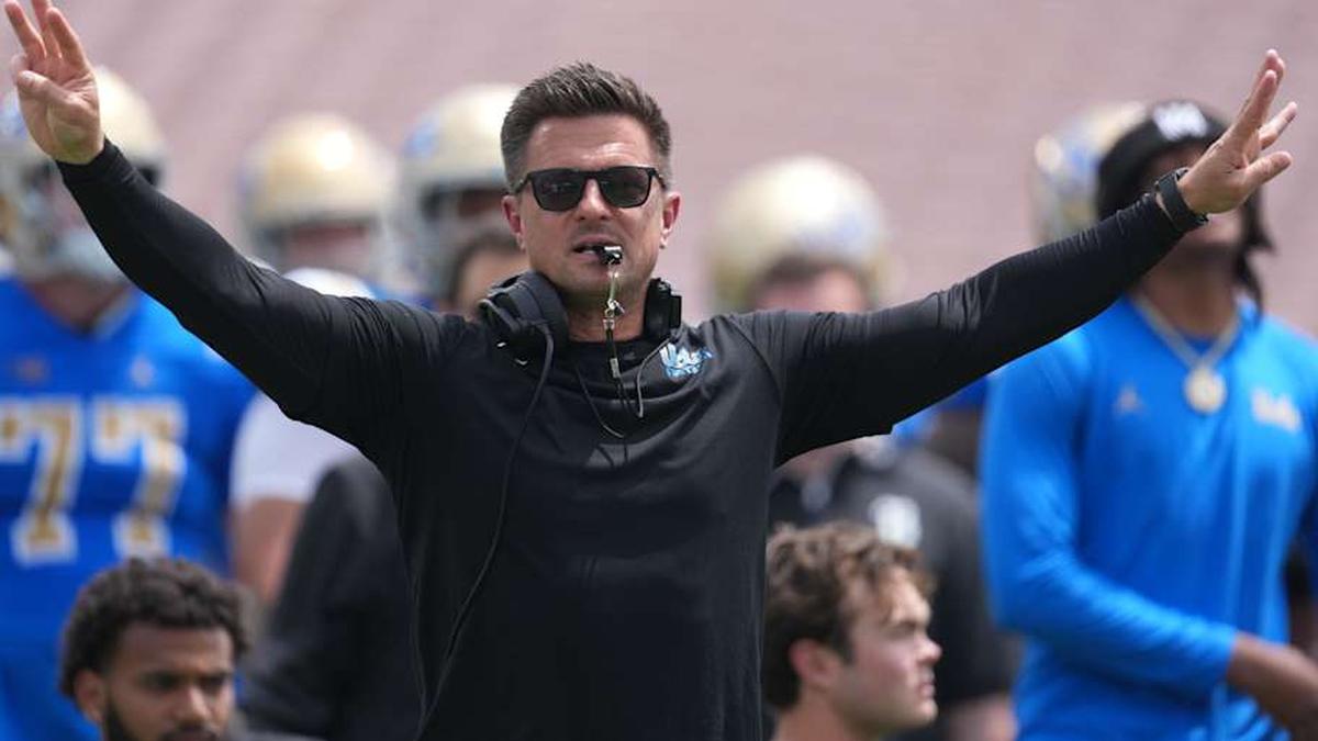  May 2, 2026; Pasadena, CA, USA; UCLA Bruins coach Bob Chesney reacts during the spring game at Rose Bowl. Mandatory Credit: Kirby Lee-Imagn Images | Kirby Lee-Imagn Images 