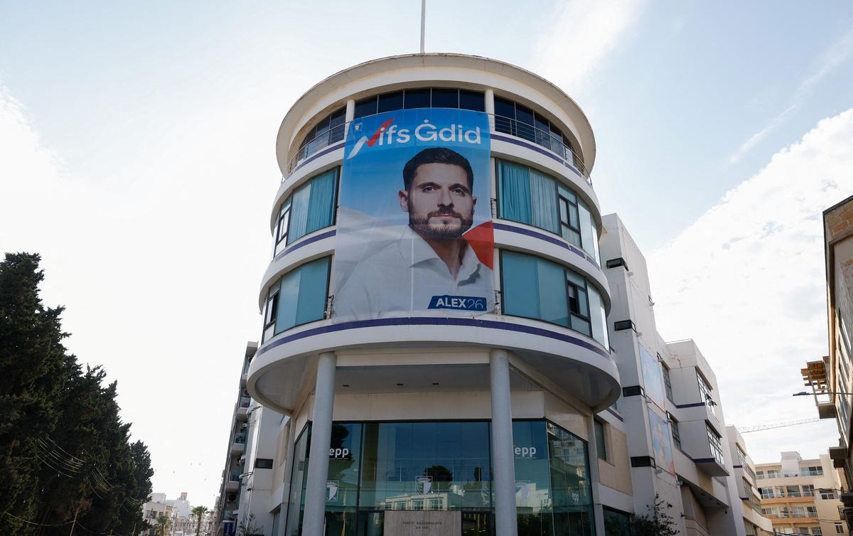 A banner showing opposition and Nationalist Party leader Alex Borg hangs on the facade of the party's headquarters ahead of general elections, in Pieta, Malta May 29, 2026. REUTERS/Darrin Zammit Lupi
