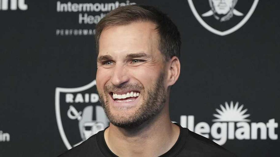  Apr 8, 2026; Las Vegas, NV, USA; Las Vegas Raiders quarterback Kirk Cousins speaks at a press conference at Intermountain Health Performance Center. Mandatory Credit: Candice Ward-Imagn Images | Candice Ward-Imagn Images 